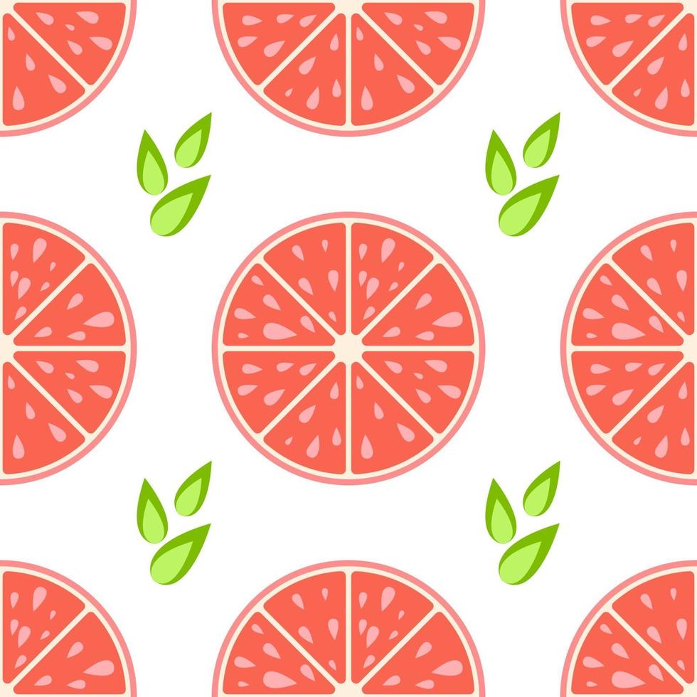 Colorful seamless pattern of delicious grapefruit slices on a white background. Simple flat vector illustration. For the design of paper wallpaper, fabric, wrapping paper, covers, web sites.