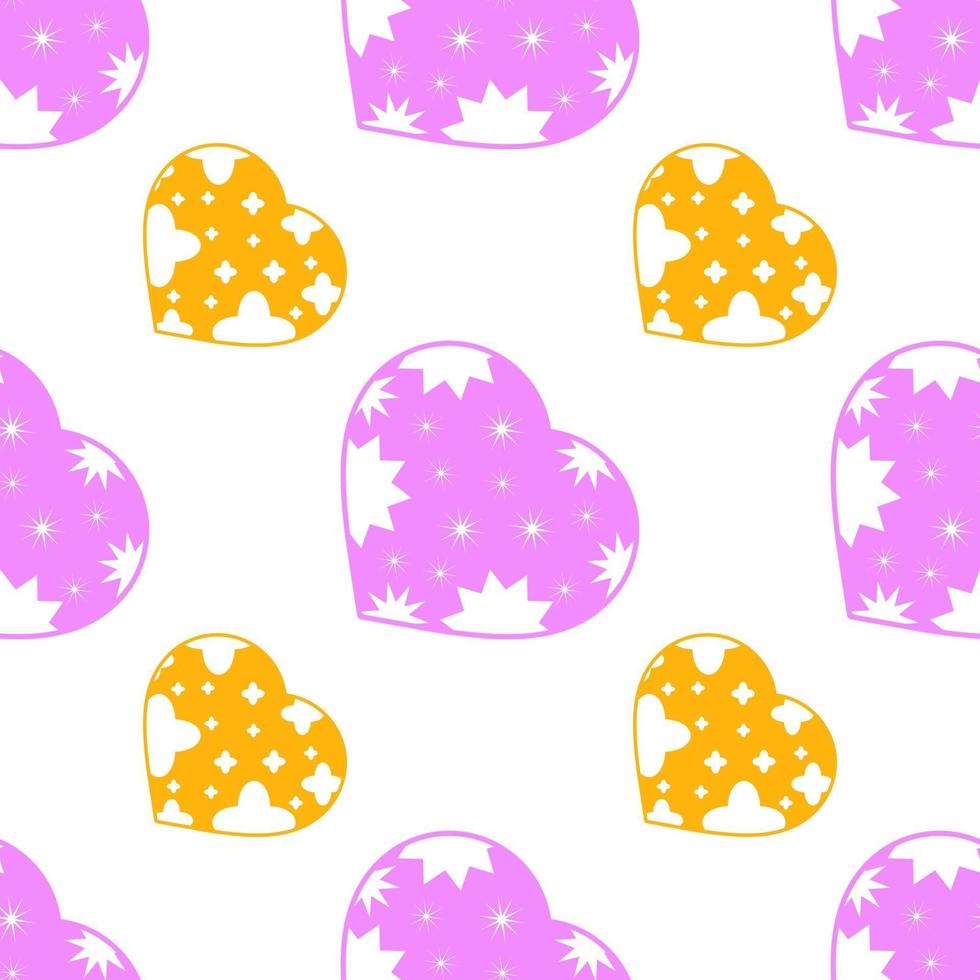 Colorful seamless pattern of cute pink and yellow hearts on a white background. Simple flat vector illustration. For the design of paper wallpaper, fabric, wrapping paper, covers, web sites.