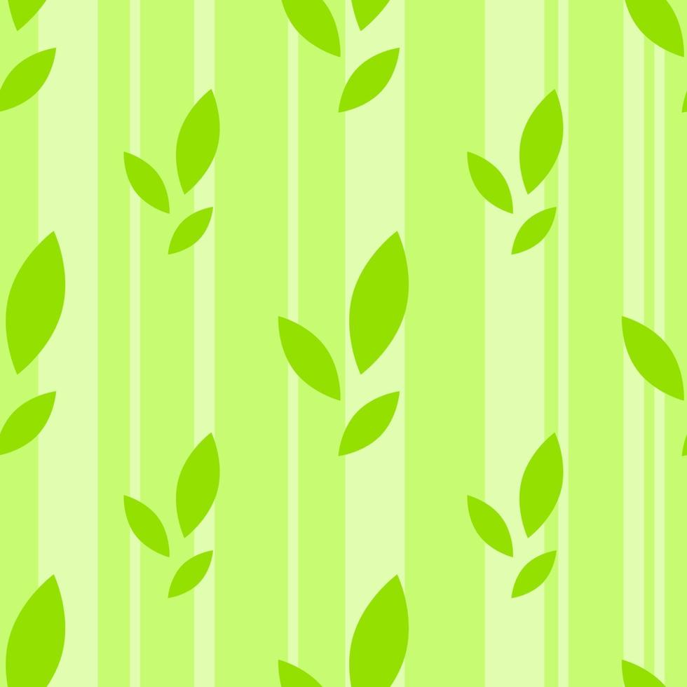 Colorful seamless pattern of cute green leaves on a striped background. Simple flat vector illustration. For the design of paper wallpaper, fabric, wrapping paper, covers, web sites.