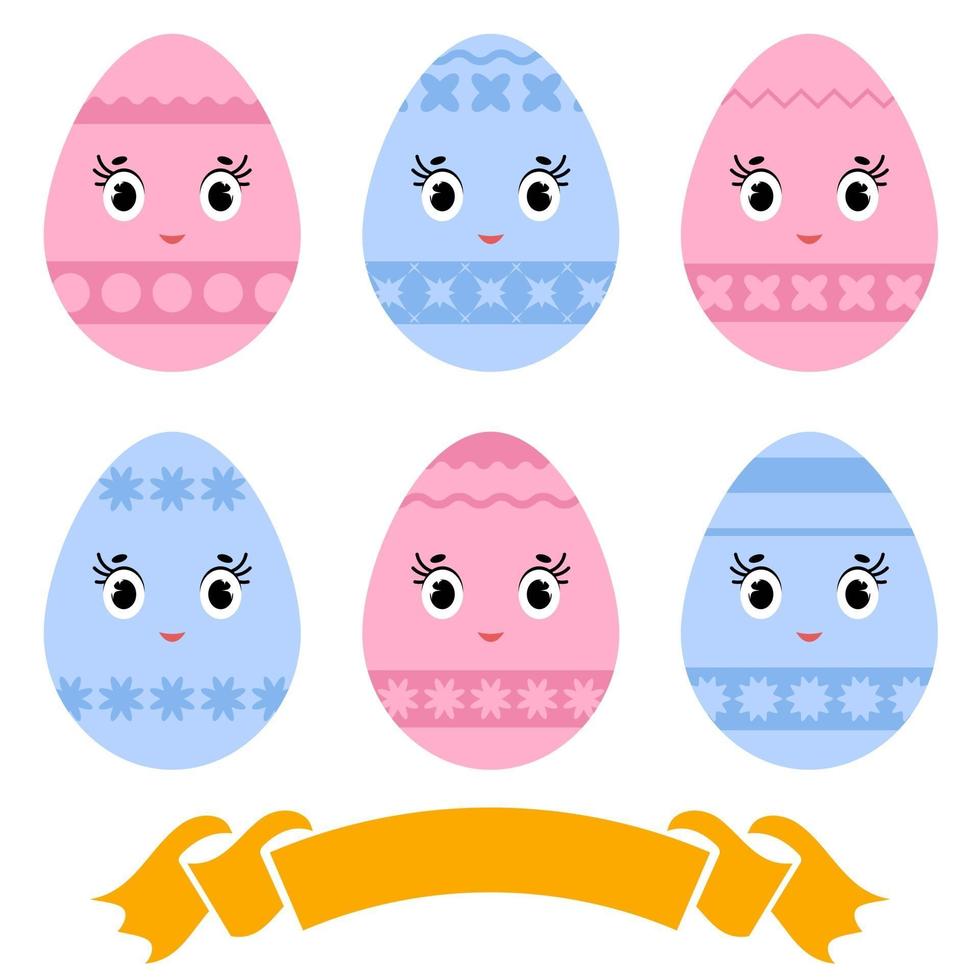 Set of colored isolated cute Easter eggs on a white background. With an abstract pattern. Simple flat vector illustration. Suitable for decoration of postcards, advertising, magazines, websites.