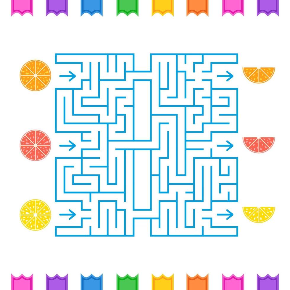 Laberinto cuadrado de colores abstractos con frutas tropicales. un juego interesante para niños y adolescentes. Ilustración de vector plano simple aislado sobre fondo blanco.