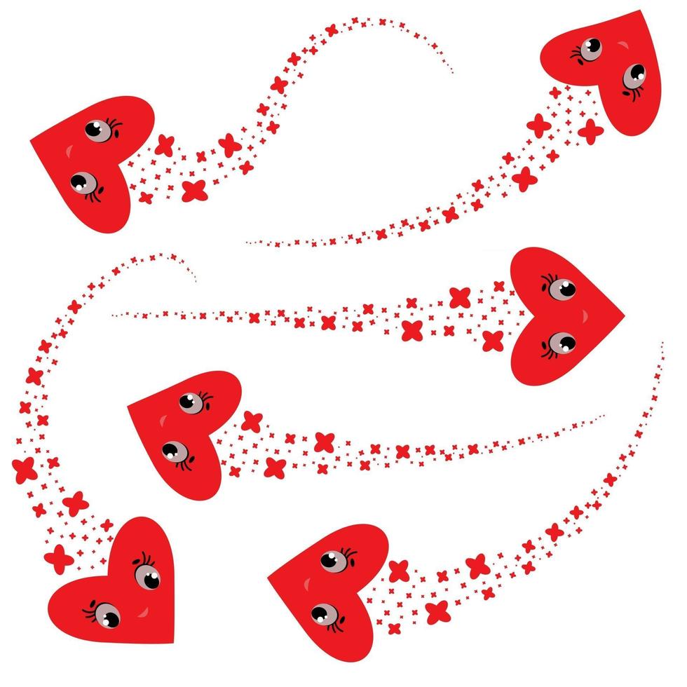 A set of abstract flying streams of cartoon hearts of red color. Simple flat vector illustration isolated on white background.