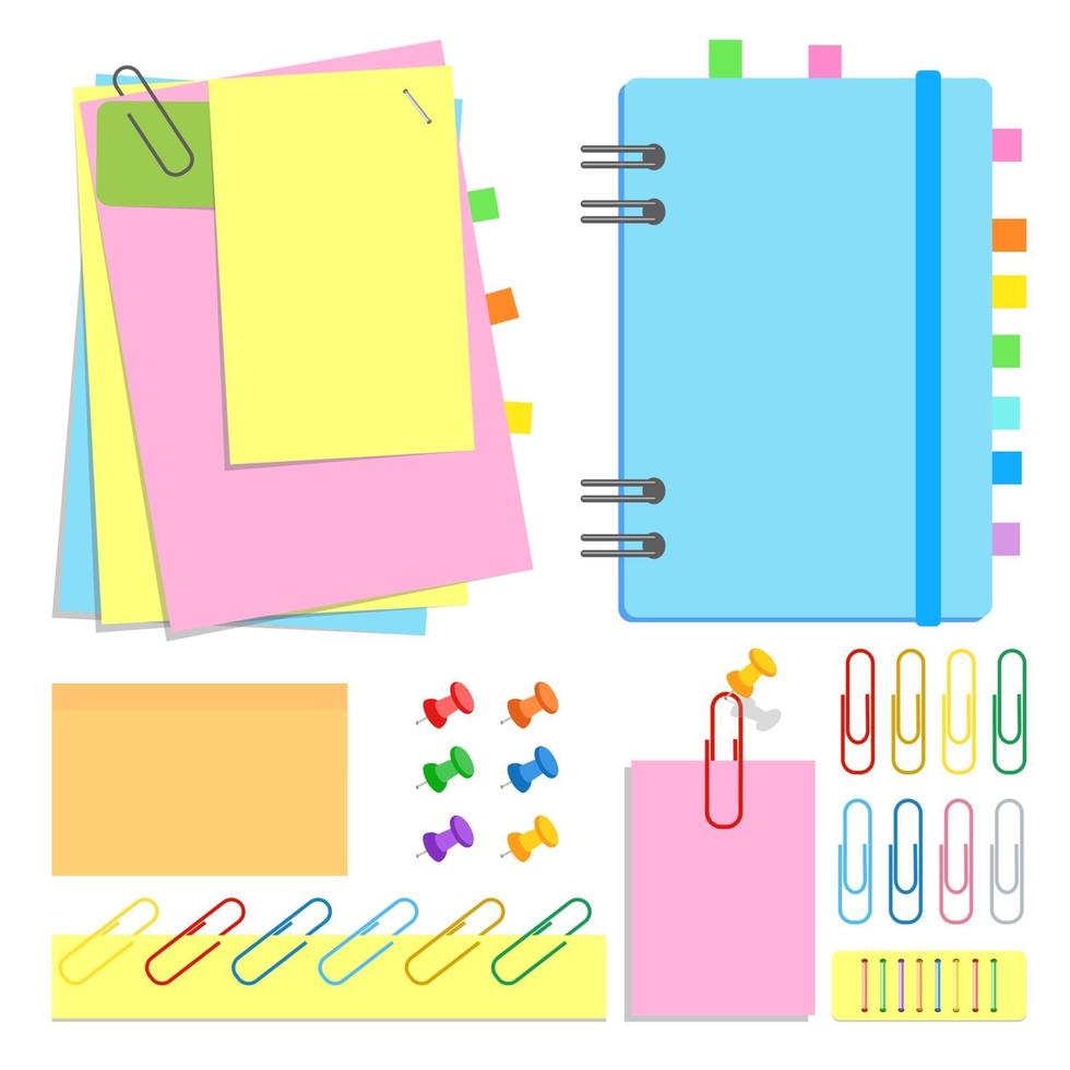 un conjunto de cancillería. cuaderno cerrado en espiral, hojas adhesivas de diferentes formas y colores, marcadores, alfileres, clips, grapas. ilustración vectorial aislado sobre fondo blanco. vector