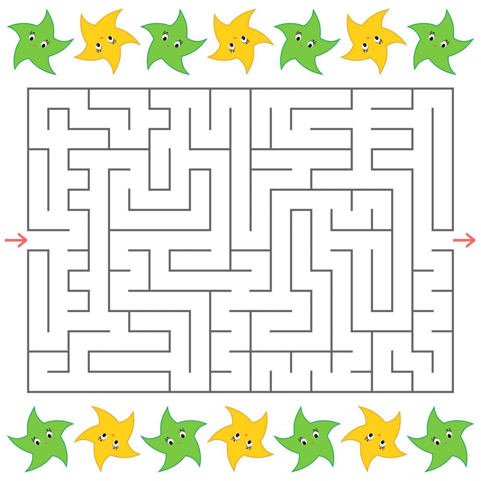 Rectangular labyrinth with cartoon stars on the sides. An interesting game for children. Simple flat vector illustration isolated on white background.