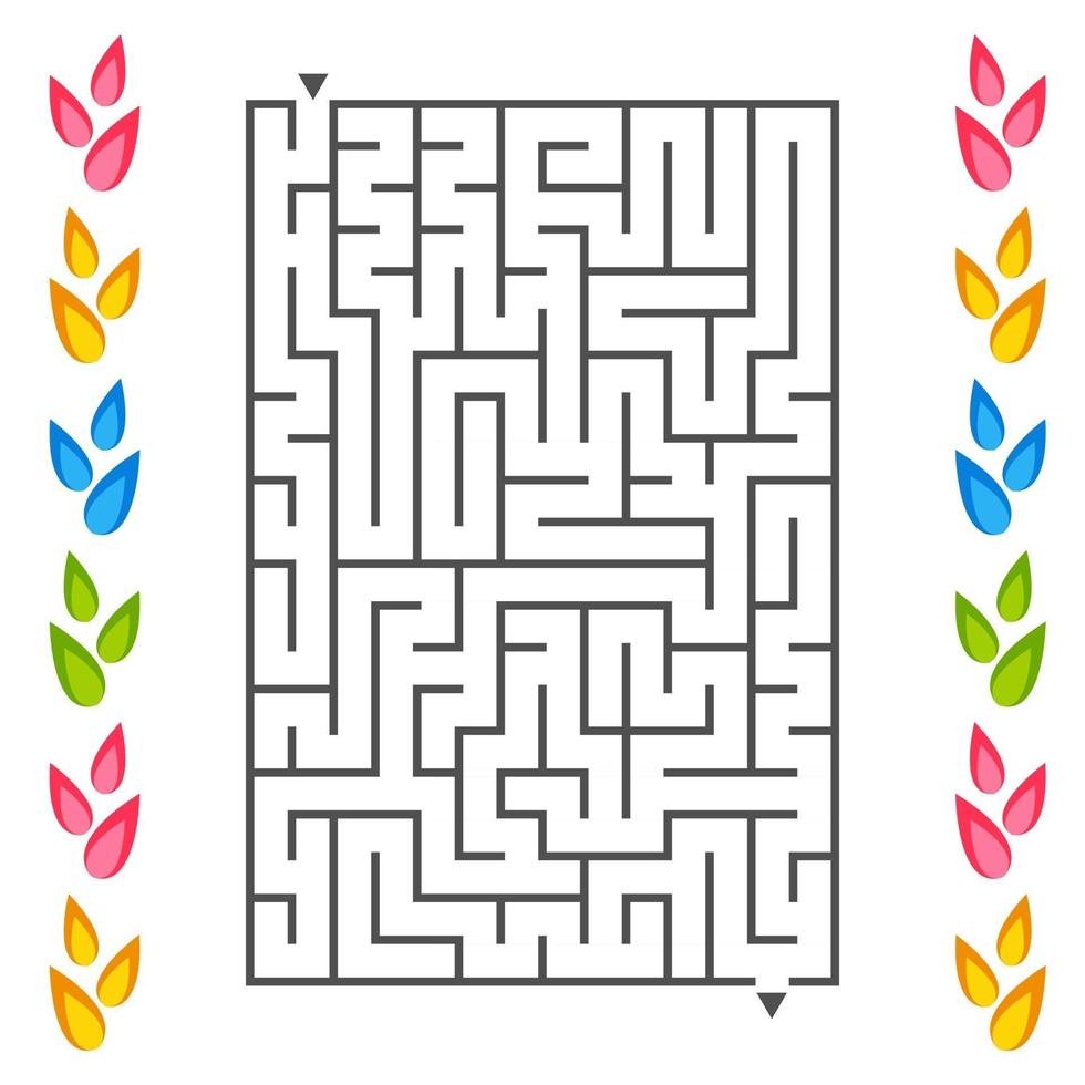 Rectangular labyrinth with petals of flowers on the sides. An interesting game for children. Simple flat vector illustration isolated on white background.