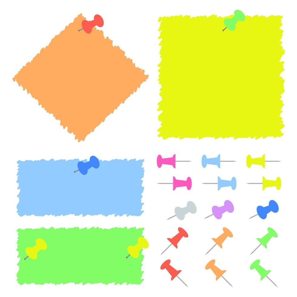 un juego de sábanas de colores de diferentes tamaños y chinchetas de oficina. Ilustración de vector plano simple aislado sobre fondo blanco.