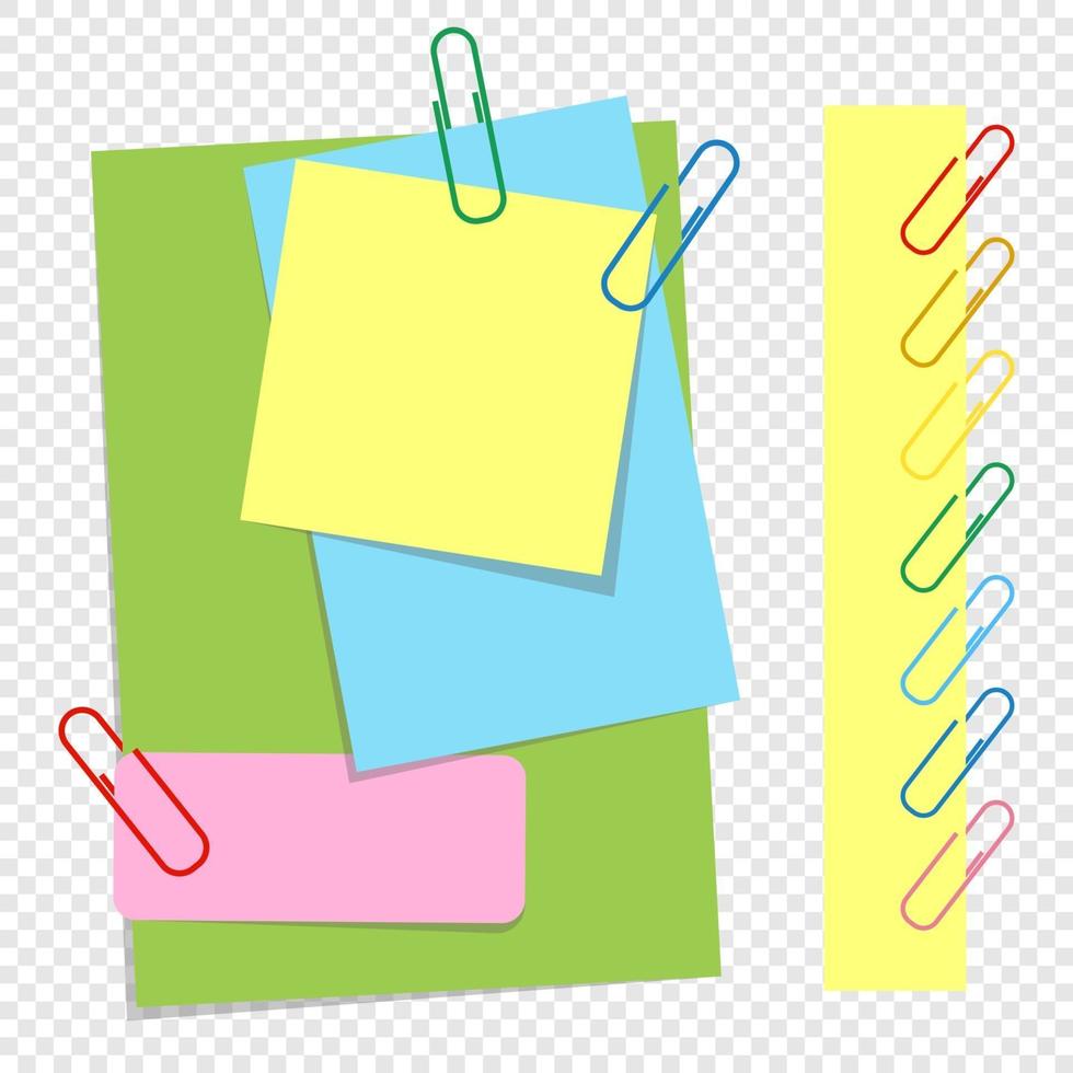 A set of colored sheets of different sizes and office clips. Lovely cartoon style. A simple flat vector illustration isolated on a transparent background.