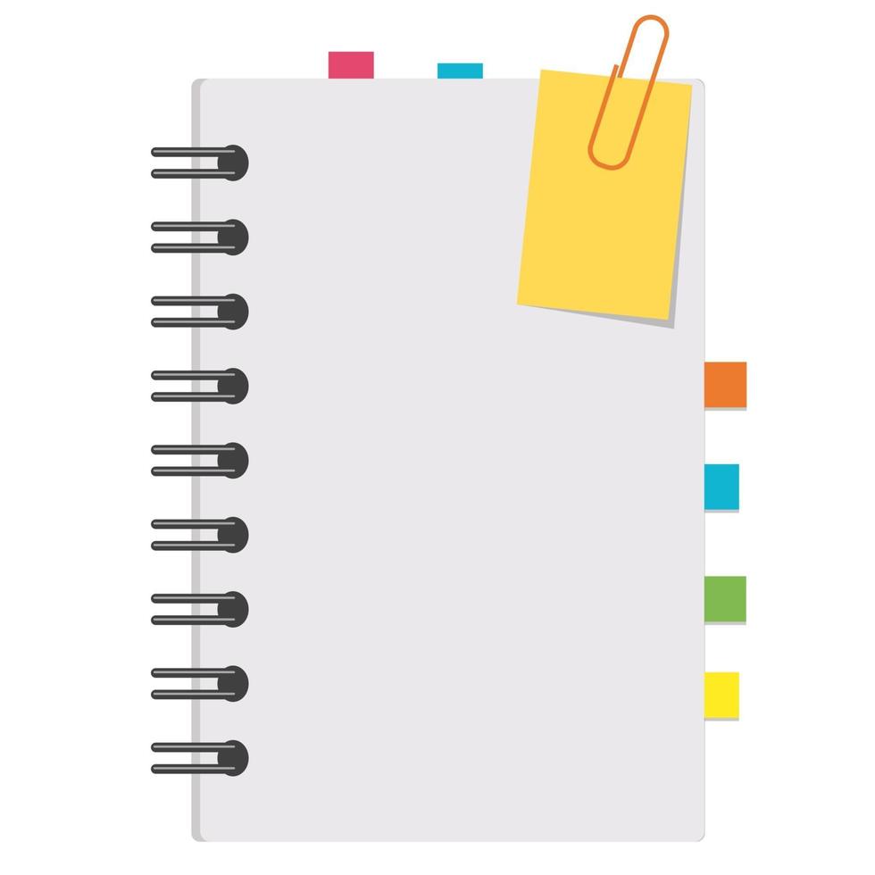 Half an open notepad with clean sheets and bookmarks between the pages. Simple flat vector illustration isolated on white background.