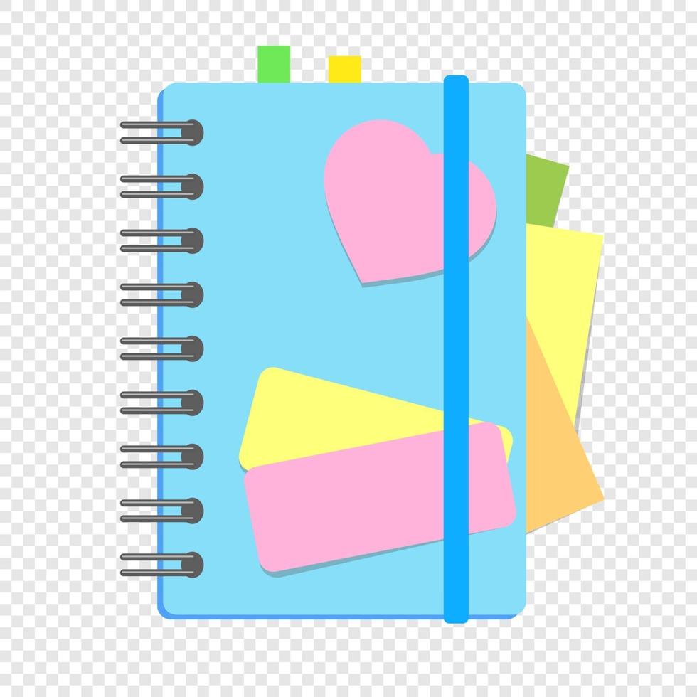 un cuaderno cerrado de color sobre un resorte con marcadores entre las páginas. una ilustración vectorial plana simple aislada en un fondo transparente. vector