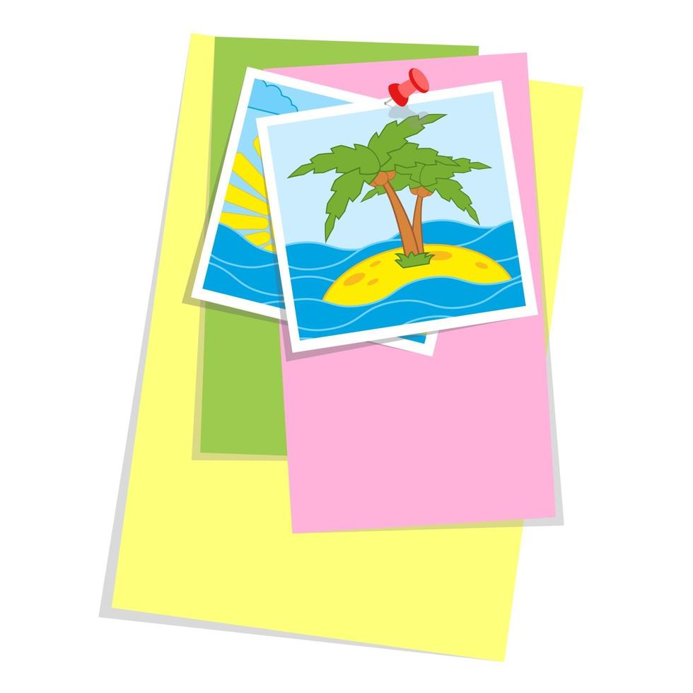 un juego de hojas adhesivas de oficina de colores y fotografías adjuntas a un botón de oficina. Ilustración de vector plano simple aislado sobre fondo blanco.
