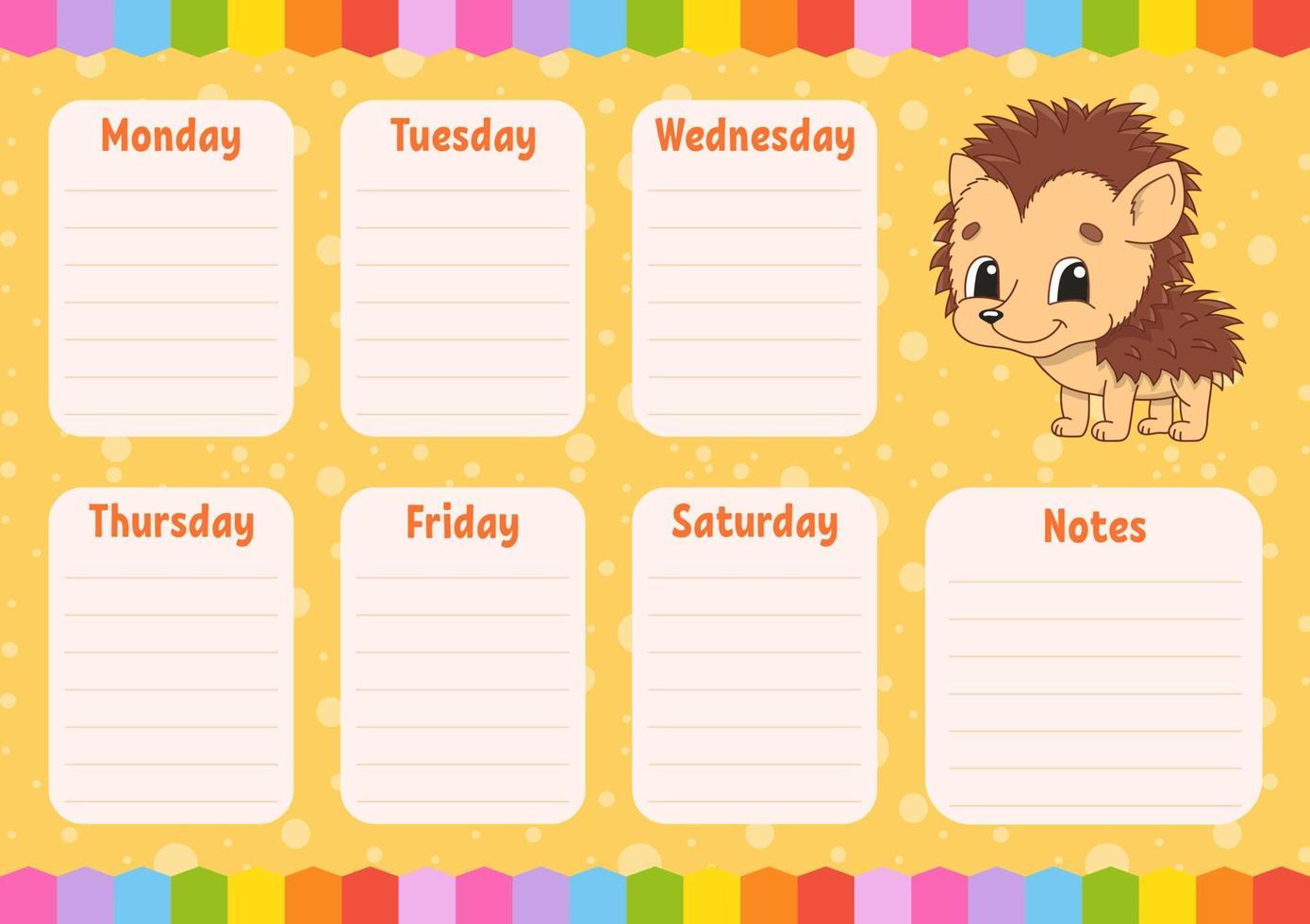 School schedule. Timetable for schoolboys. Empty template. Weekly planer with notes. Isolated color vector illustration. Funny character. Cartoon style.