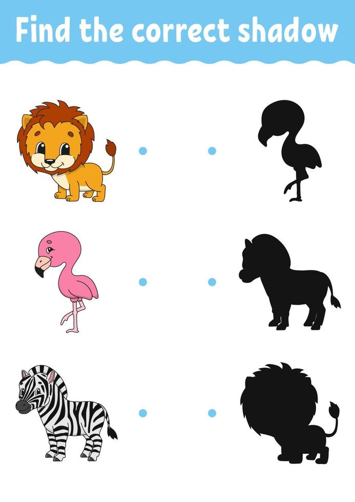 Find the correct shadow. Education developing worksheet. Matching game for kids. Activity page. Puzzle for children. Riddle for preschool. Cute character. Isolated vector illustration. Cartoon style.