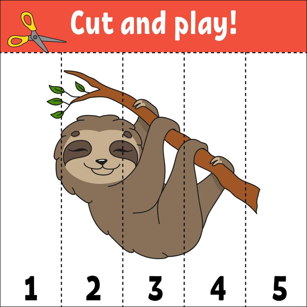 Learning numbers. Cut and play. Education developing worksheet. Game for kids. Activity page. Puzzle for children. Riddle for preschool. Flat isolated vector illustration. Cute cartoon style.