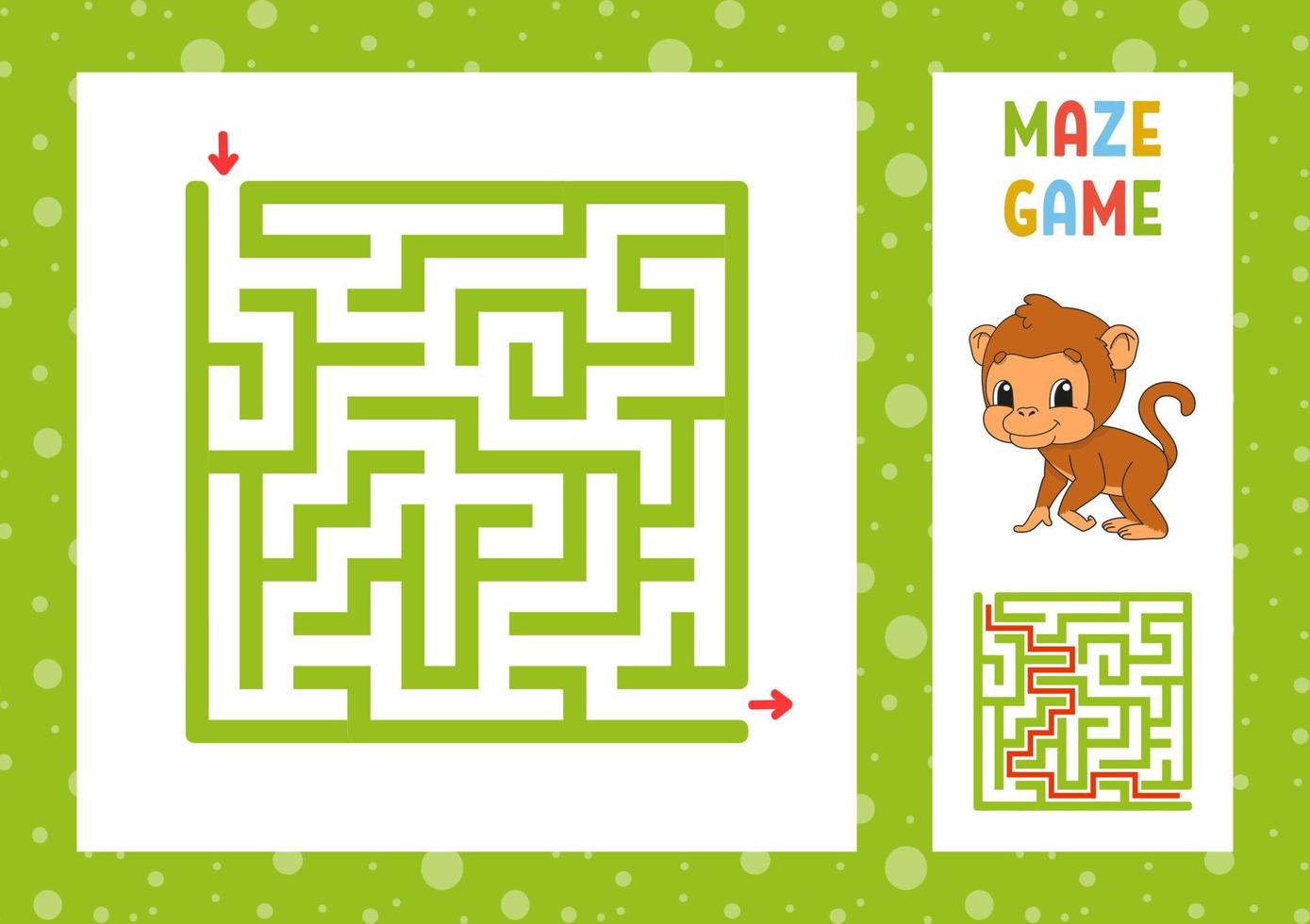 Funny maze. Game for kids. Puzzle for children. Happy character. Labyrinth conundrum. Color vector illustration. Find the right path. With answer. Isolated vector illustration. Cartoon style.