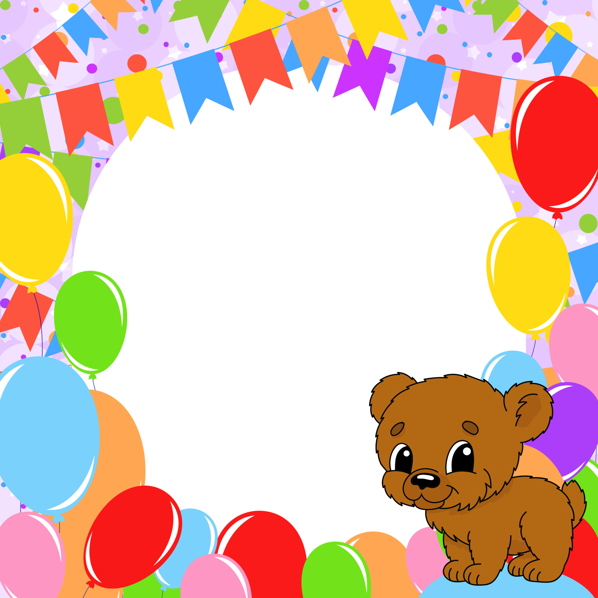 Happy birthday greeting card with a cute cartoon character. With copy space  for your text. Picture on the background of bright balloons, confetti and  garlands. Color vector isolated illustration. 3486869 Vector Art