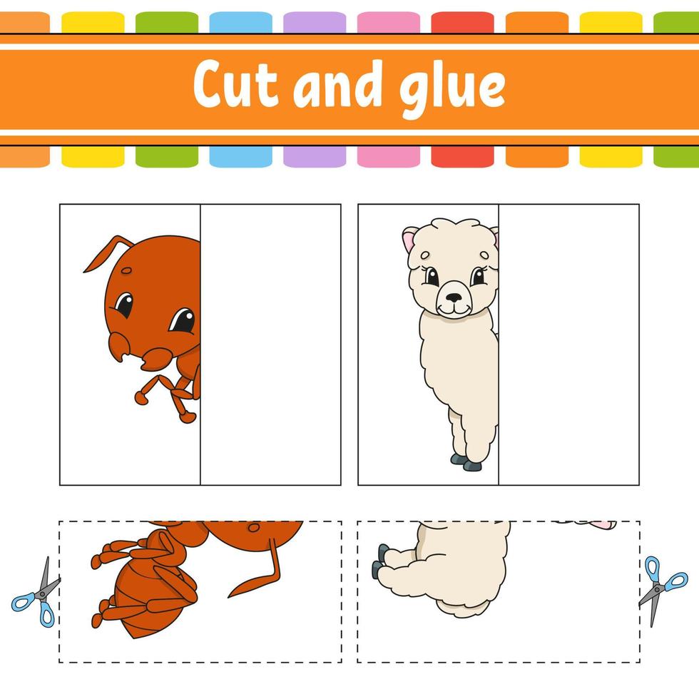Cut and play. Paper game with glue. Flash cards. Color puzzle. Education developing worksheet. Activity page. For children. Funny character. Isolated vector illustration. Cartoon style.