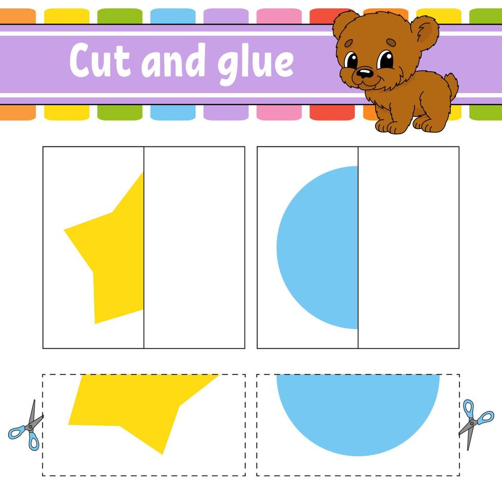 Cut and play. Paper game with glue. Flash cards. Color puzzle. Education developing worksheet. Activity page. For children. Funny character. Isolated vector illustration. Cartoon style.