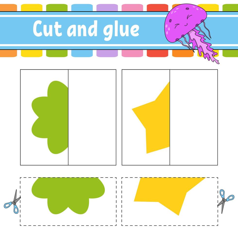 Cut and play. Paper game with glue. Flash cards. Color puzzle. Education developing worksheet. Activity page. For children. Funny character. Isolated vector illustration. Cartoon style.