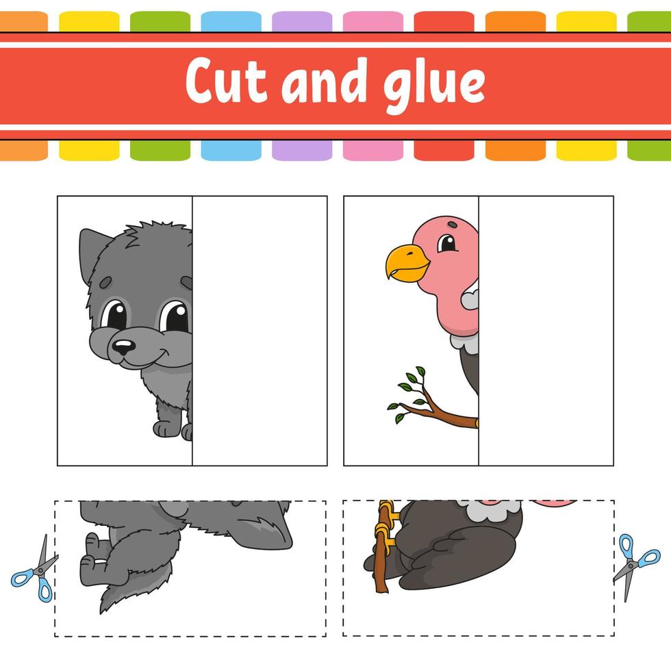 Cut and play. Paper game with glue. Flash cards. Color puzzle. Education developing worksheet. Activity page. For children. Funny character. Isolated vector illustration. Cartoon style.