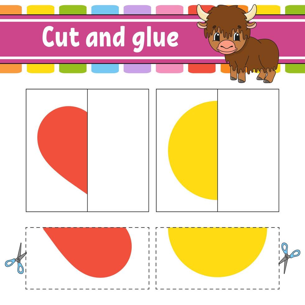 Cut and play. Paper game with glue. Flash cards. Color puzzle. Education developing worksheet. Activity page. For children. Funny character. Isolated vector illustration. Cartoon style.