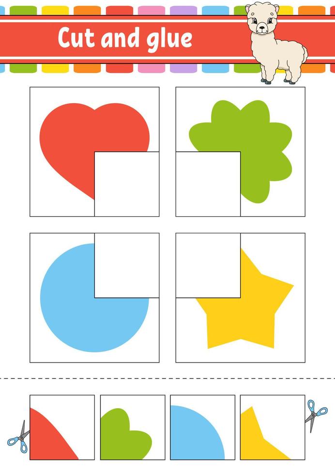 Cut and glue. Four flash cards. Color puzzle. Education developing worksheet. Activity page. Game for children. Funny character. Isolated vector illustration. Cartoon style.