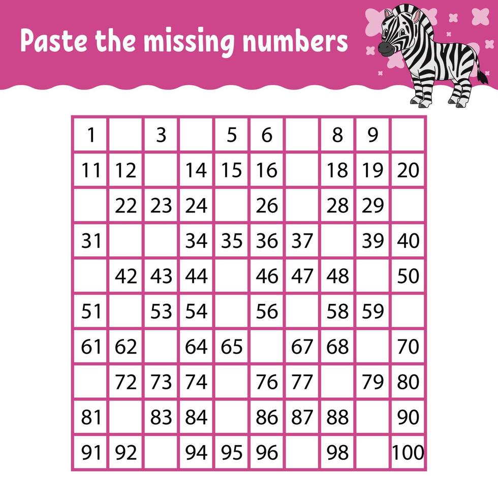 Paste the missing numbers. Handwriting practice. Learning numbers for kids. Education developing worksheet. Activity page. Game for children. Isolated vector illustration in cute cartoon style.