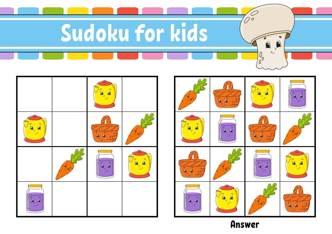 sudoku para niños. hoja de trabajo de desarrollo educativo. página de actividades con imágenes. juego de rompecabezas para niños. entrenamiento del pensamiento lógico. ilustración vectorial aislada. personaje divertido. estilo de dibujos animados. vector