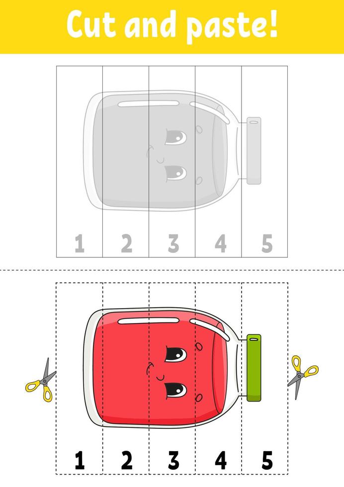 Learning numbers. Cut and glue. Education developing worksheet. Game for kids. Activity page. Funny character. Riddle for preschool. Flat isolated vector illustration. Cute cartoon style.