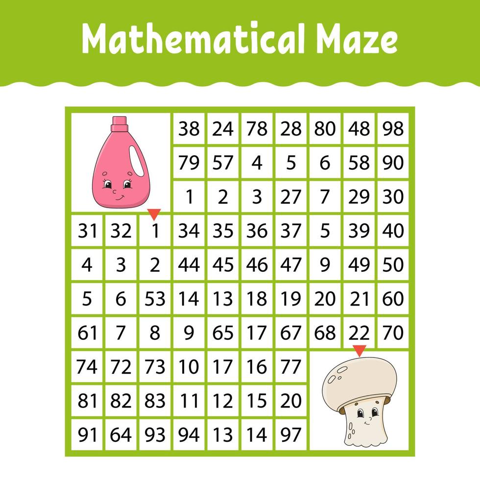 Mathematical maze. Game for kids. Number labyrinth. Education developing worksheet. Activity page. Puzzle for children. Cartoon characters. Riddle for preschool. Color vector illustration