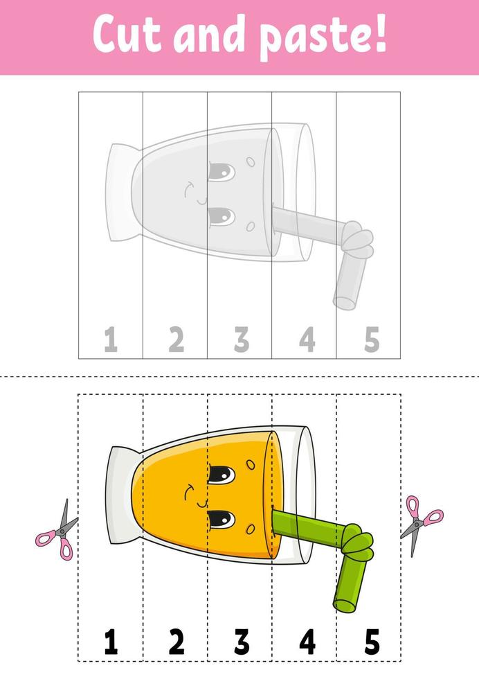 Learning numbers. Cut and glue. Education developing worksheet. Game for kids. Activity page. Funny character. Riddle for preschool. Flat isolated vector illustration. Cute cartoon style.