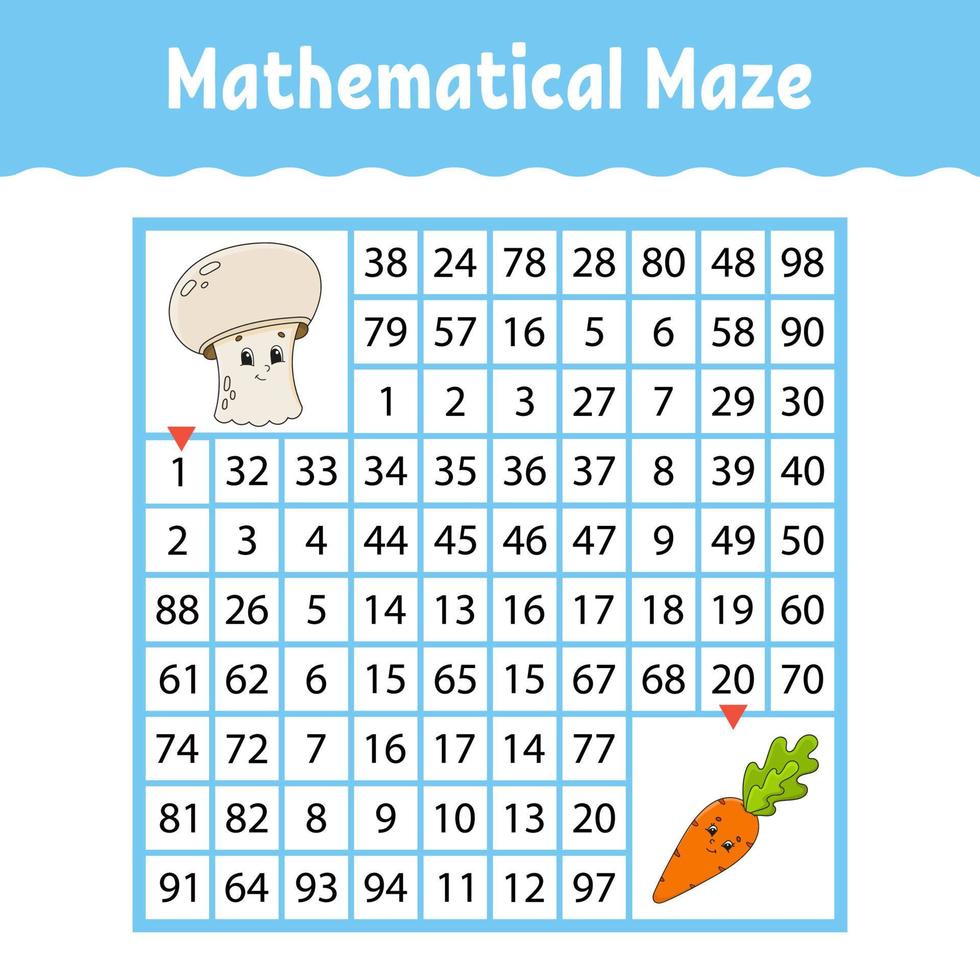 Mathematical maze. Game for kids. Number labyrinth. Education developing worksheet. Activity page. Puzzle for children. Cartoon characters. Riddle for preschool. Color vector illustration