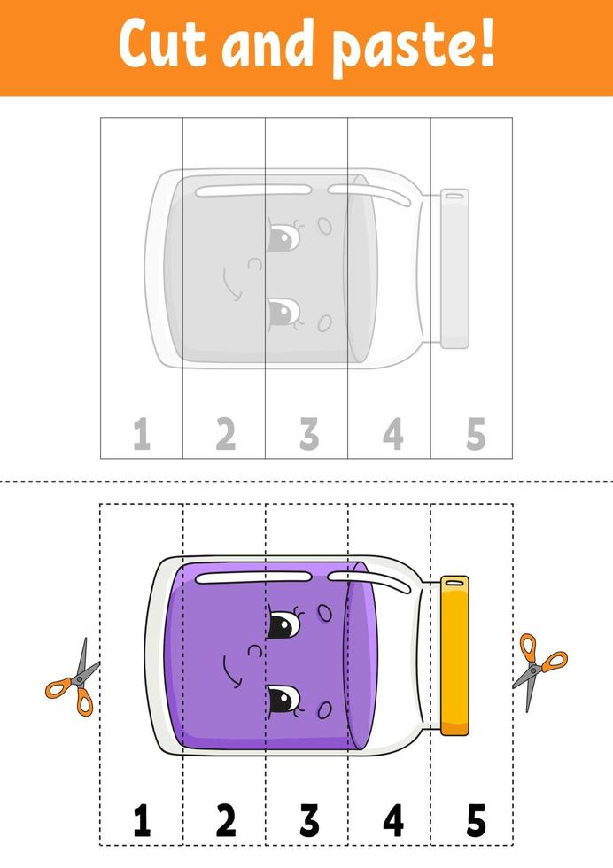 Learning numbers. Cut and glue. Education developing worksheet. Game for kids. Activity page. Funny character. Riddle for preschool. Flat isolated vector illustration. Cute cartoon style.