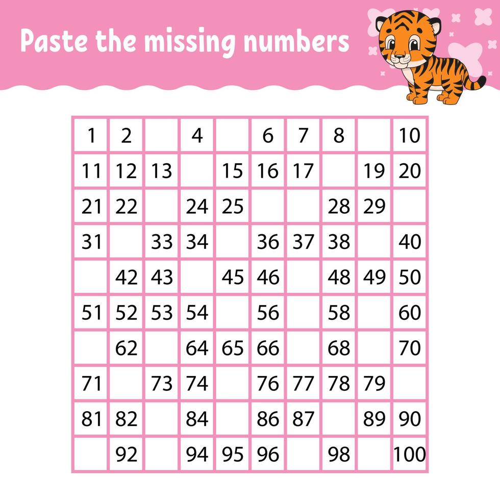 Paste the missing numbers. Handwriting practice. Learning numbers for kids. Education developing worksheet. Activity page. Game for children. Isolated vector illustration in cute cartoon style.