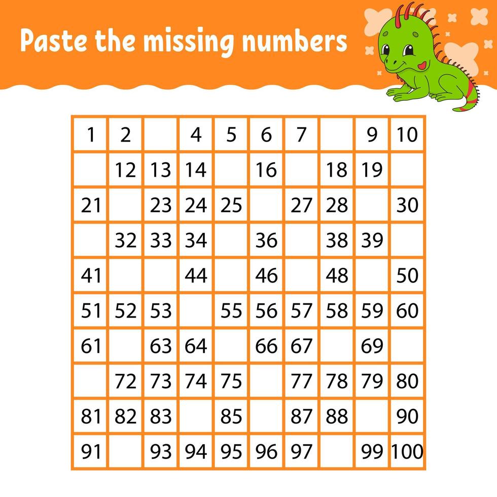 Paste the missing numbers. Handwriting practice. Learning numbers for kids. Education developing worksheet. Activity page. Game for children. Isolated vector illustration in cute cartoon style.