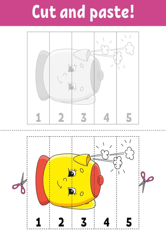 Learning numbers. Cut and glue. Education developing worksheet. Game for kids. Activity page. Funny character. Riddle for preschool. Flat isolated vector illustration. Cute cartoon style.