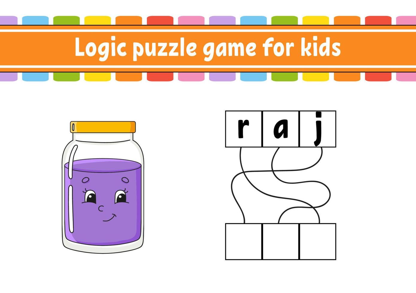 Logic puzzle game. Learning words for kids. Find the hidden name. Education developing worksheet. Activity page for study English. Game for children. Isolated vector illustration. Cartoon character.