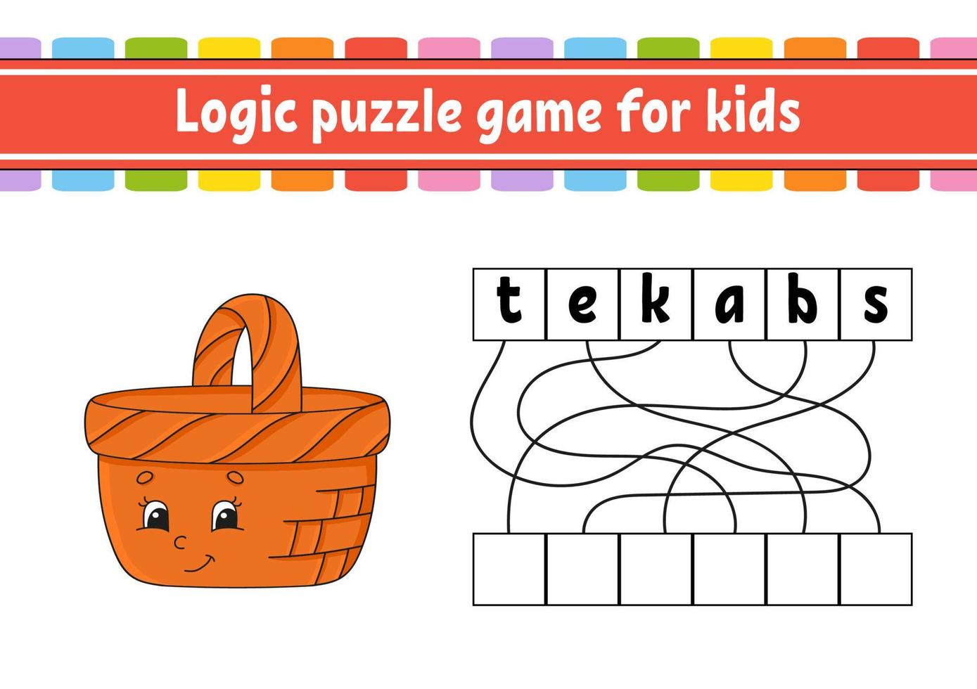 Logic puzzle game. Learning words for kids. Find the hidden name. Education developing worksheet. Activity page for study English. Game for children. Isolated vector illustration. Cartoon character.