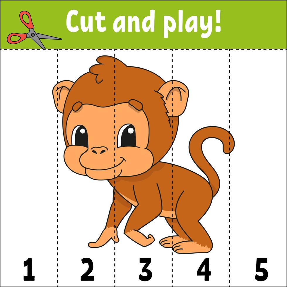 Learning numbers. Cut and play. Education developing worksheet. Game for kids. Activity page. Puzzle for children. Riddle for preschool. Flat isolated vector illustration. Cute cartoon style.