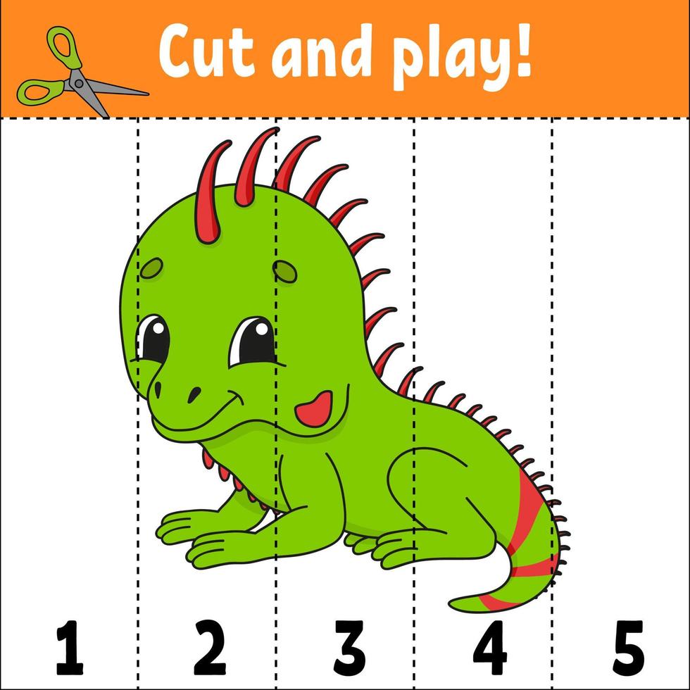 Learning numbers. Cut and play. Education developing worksheet. Game for kids. Activity page. Puzzle for children. Riddle for preschool. Flat isolated vector illustration. Cute cartoon style.