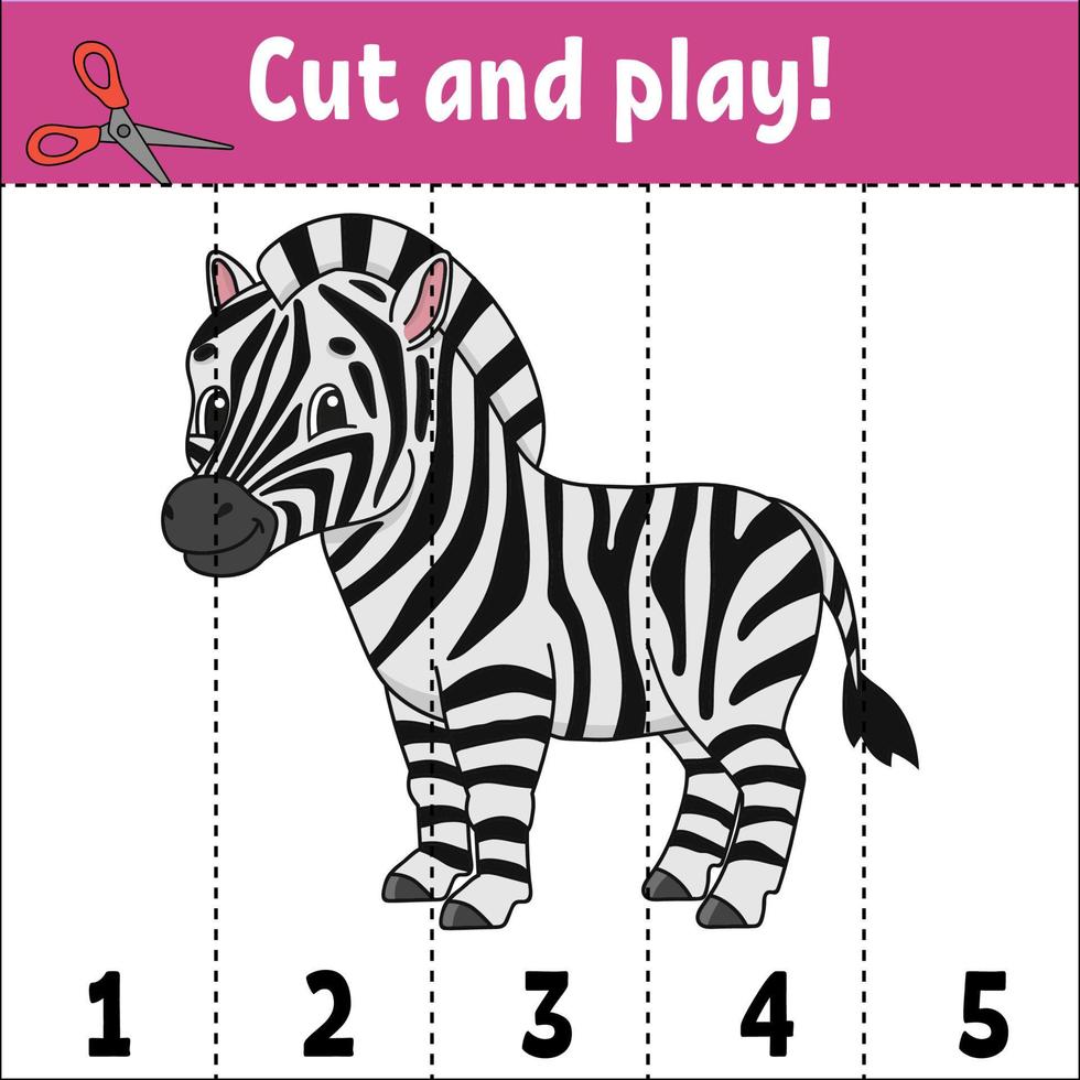 Learning numbers. Cut and play. Education developing worksheet. Game for kids. Activity page. Puzzle for children. Riddle for preschool. Flat isolated vector illustration. Cute cartoon style.