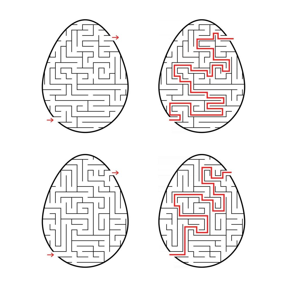 A set of labyrinths in the form of eggs. Black Stroke. A game for children. With the answer. Simple flat vector illustration isolated on white background.