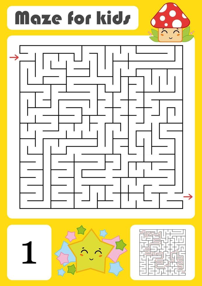A square labyrinth. Developmental game for children. Vector illustration isolated on white background. Color design with cute cartoons.