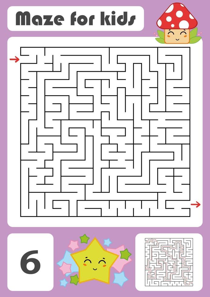 A square labyrinth. Developmental game for children. Vector illustration isolated on white background. Color design with cute cartoons.