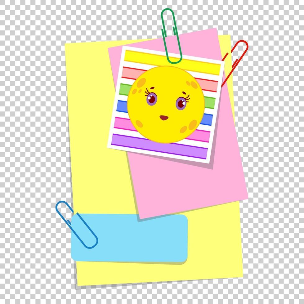 A set of colored sheets of different sizes and office clips. Lovely cartoon style. A simple flat vector illustration isolated on a transparent background.