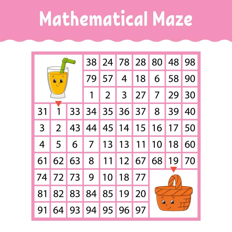 Mathematical maze. Game for kids. Number labyrinth. Education developing worksheet. Activity page. Puzzle for children. Cartoon characters. Riddle for preschool. Color vector illustration
