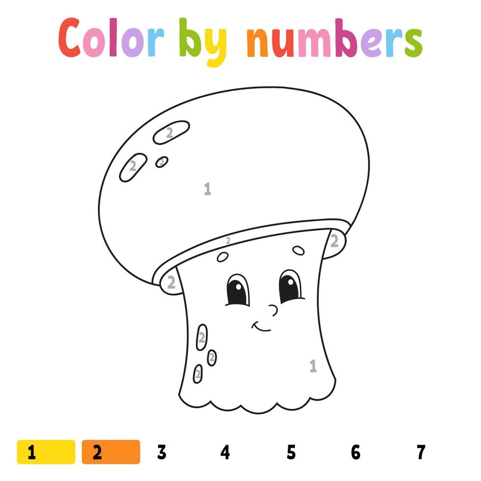 Color by numbers. Coloring book for kids. Cheerful character. Vector illustration. Cute cartoon style. Hand drawn. Worksheet page for children. Isolated on white background.