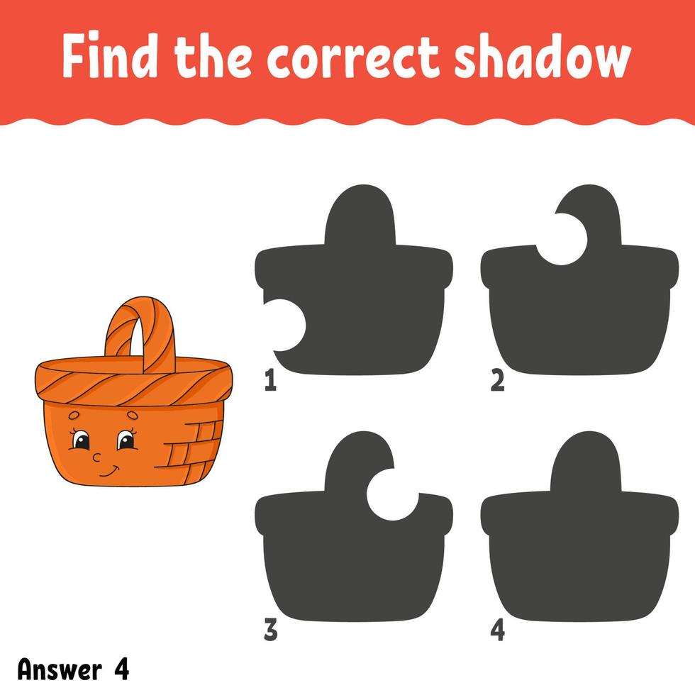 Find the correct shadow. Education developing worksheet. Matching game for kids. Activity page. Puzzle for children. Riddle for preschool. Cute character. Isolated vector illustration. Cartoon style.