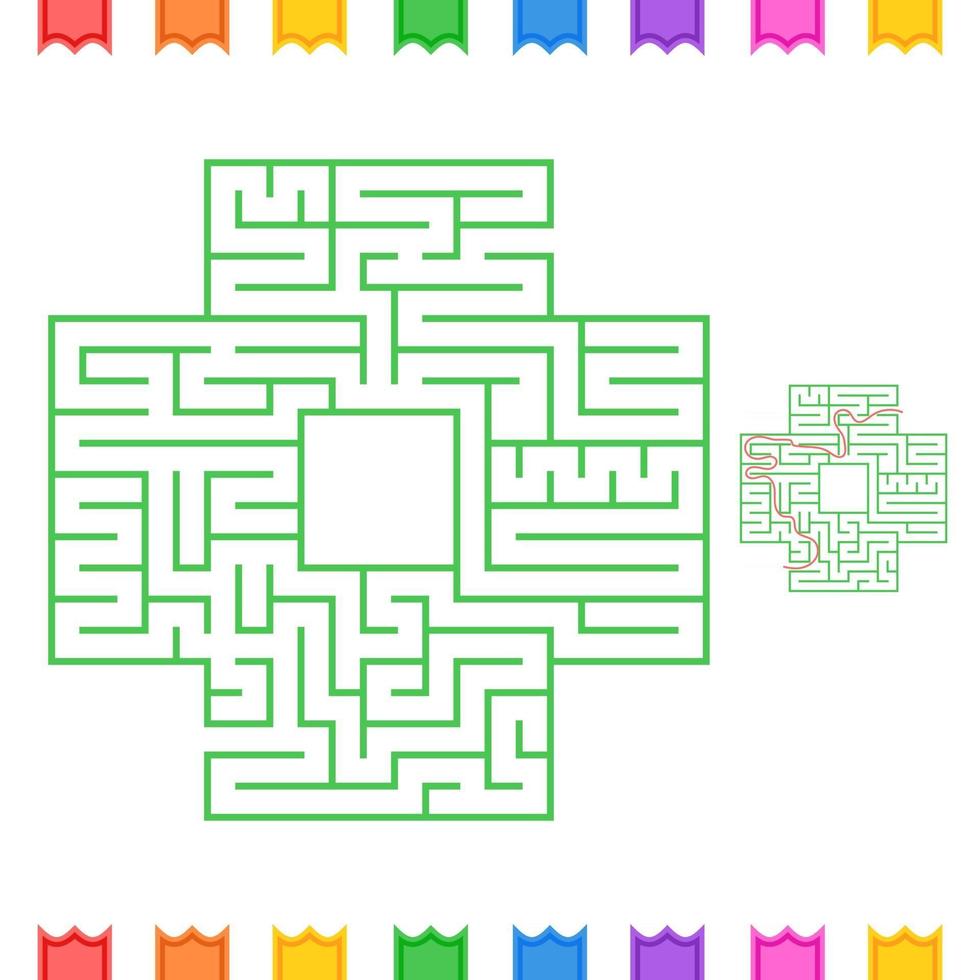 Abstract square isolated labyrinth. Green color on a white background. An interesting game for children and adults. Simple flat vector illustration. With the answer.