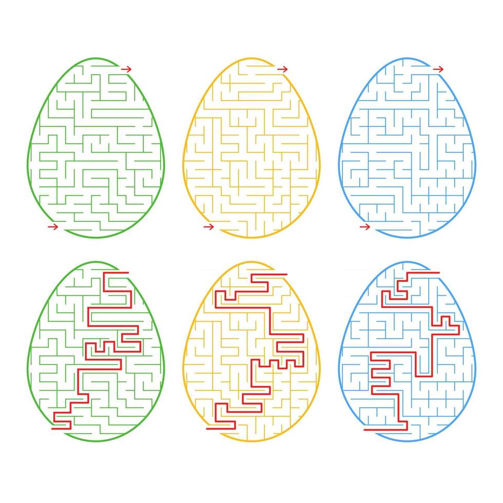 A set of labyrinths in the form of eggs. A stroke of different colors. A game for children. With the answer. Simple flat vector illustration isolated on white background.