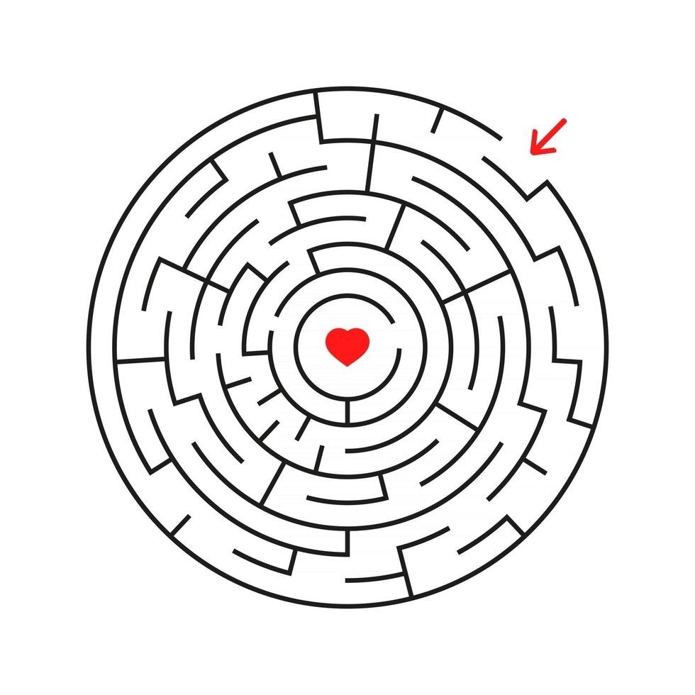 Round labyrinth. With the entrance and exit. An interesting game for children and adults. Simple flat vector illustration isolated on white background.